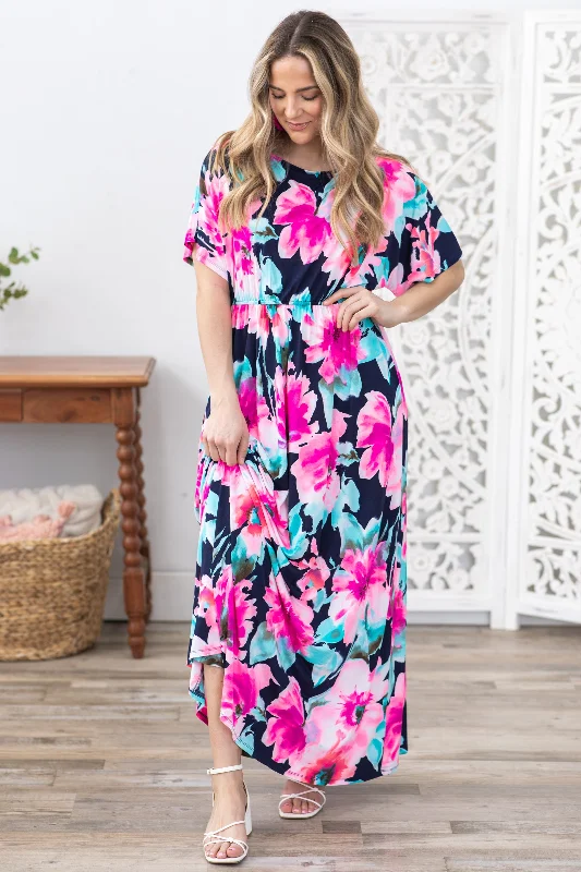 Women's maxi dress muted plum -Navy Flower Print Boat Neck Maxi Dress