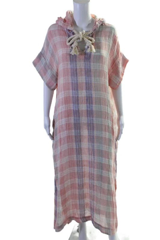 short sleeve summer dress -Lisa Marie Fernandez Womens Linen Pink Plaid Hooded Short Sleeve Dress