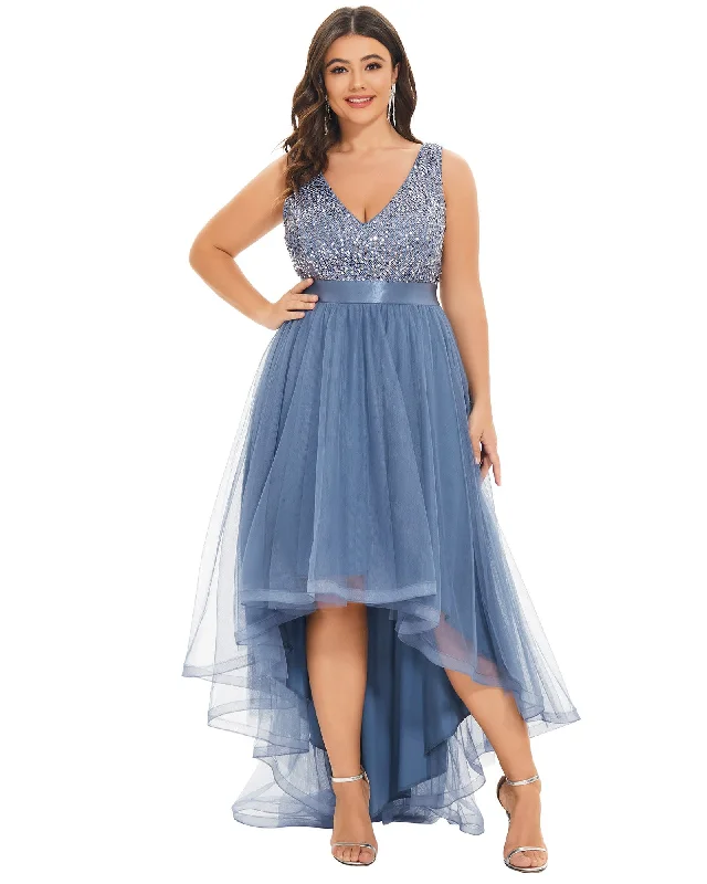 sleeveless cute summer dress -Sleeveless Sequin Ribbon Waist Tulle High Low Evening Dress | Dusty Navy