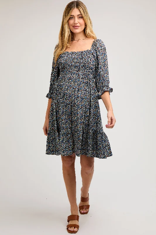 maternity maxi dress -Navy Blue Floral Smocked Maternity Dress