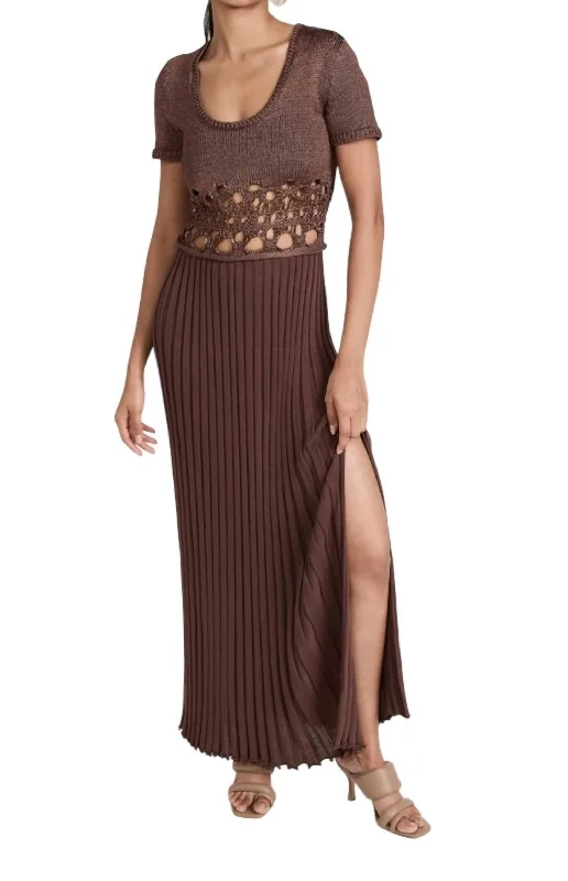 short sleeve long dress -Crochet Knit Short Sleeve Dress In Chocolate