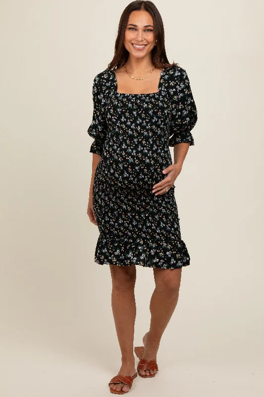 maternity ultra comfort maternity dress -Black Floral Smocked Puff Sleeve Maternity Dress