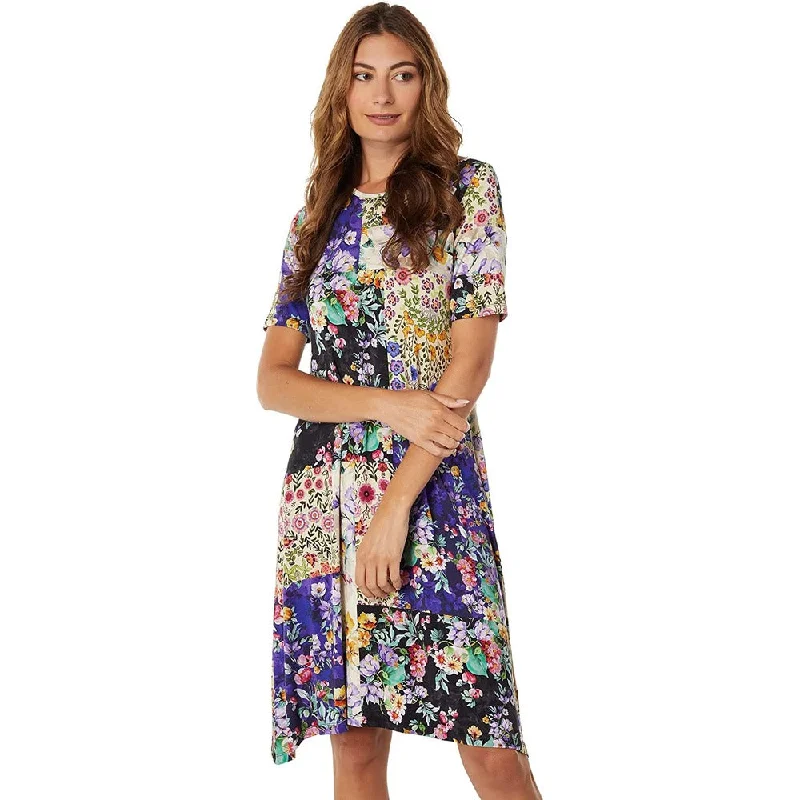 short sleeve mesh overlay dress -Johnny Was Women's Sky Flower Swing Dress Short Sleeve Pull On