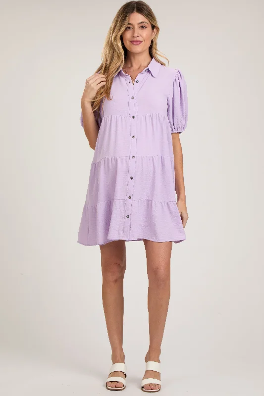 maternity functional nursing dress -Lavender Button Front Tiered Collared Maternity Dress