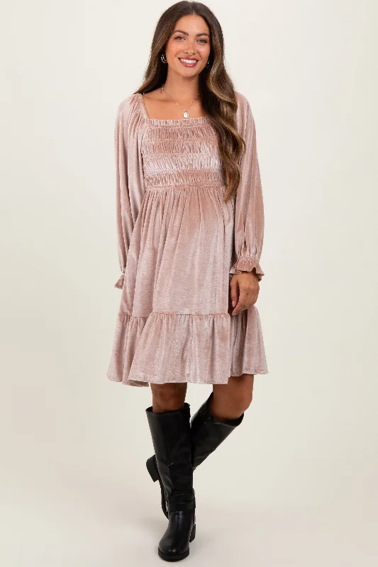 maternity comfy dress -Light Taupe Velvet Smocked Long Sleeve Maternity Dress