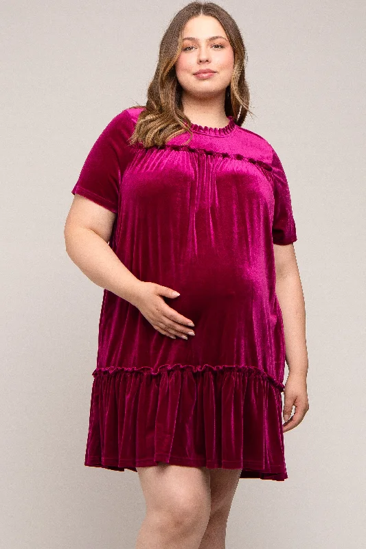 maternity maxi dress -Burgundy Ruffle Accent Velvet Maternity Plus Dress