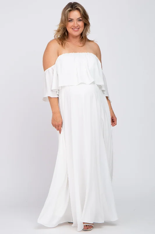 maternity cotton dress -White Chiffon Off Shoulder Maternity Plus Gown