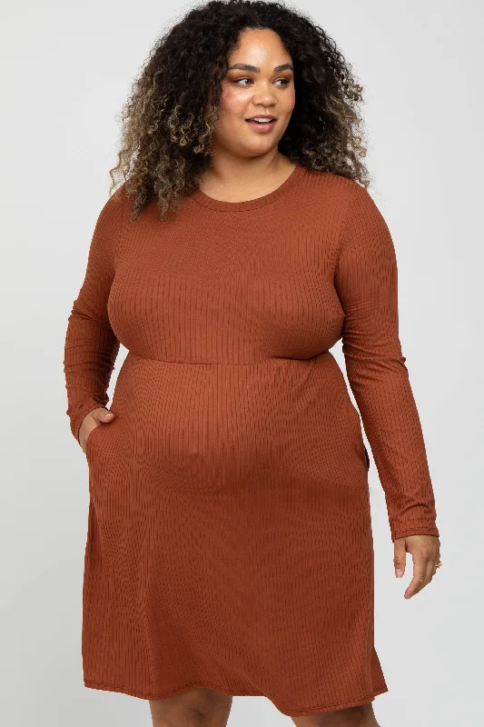 maternity striped dress -Rust Ribbed Long Sleeve Plus Maternity Dress