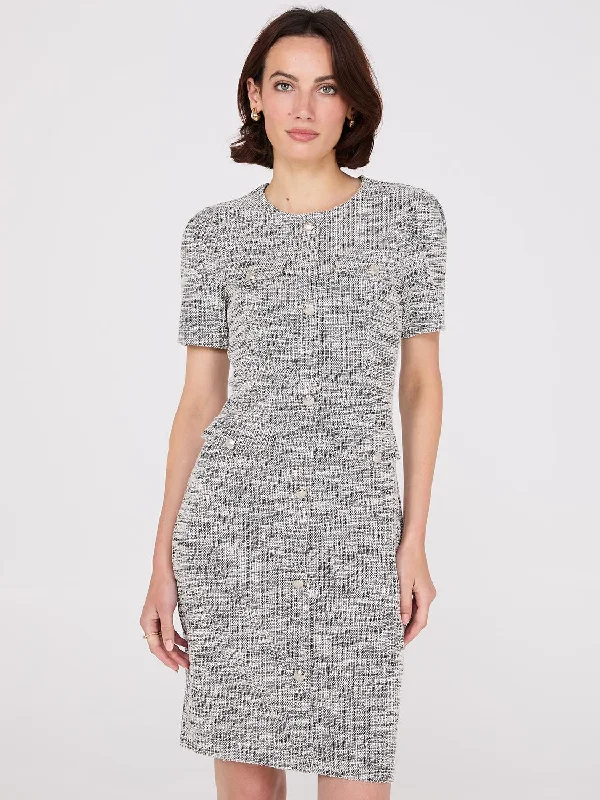 short sleeve midi dress -Short Sleeve Button-Front Boucle Sheath Dress