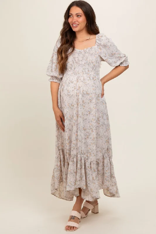 maternity loose fit dress -Light Blue Smocked Handkerchief Hem Maternity Dress