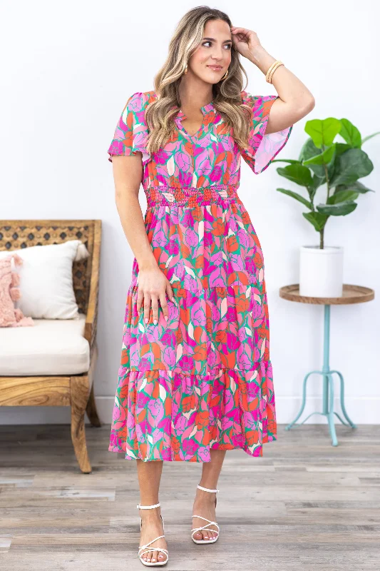 Women's maxi dress subtle check -Pink Smocked Waist Maxi Floral Dress