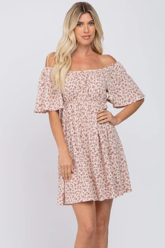 short sleeve romantic dress -Cream Floral Short Sleeve Dress