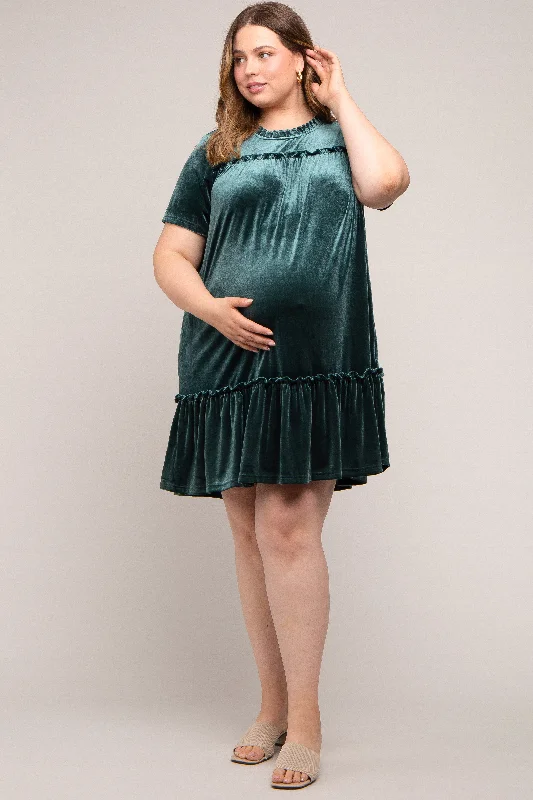 maternity chic workwear maternity dress -Dark Jade Ruffle Accent Velvet Maternity Plus Dress