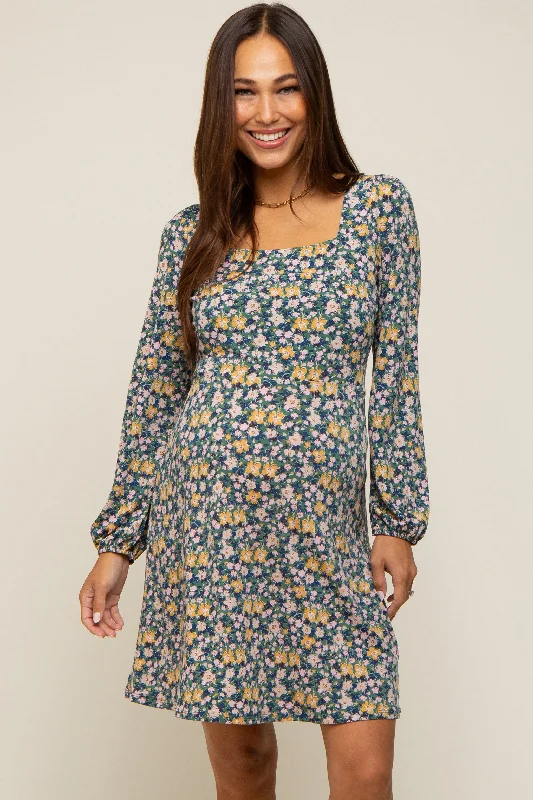 maternity two-tone maternity dress -Green Floral Long Sleeve Maternity Dress