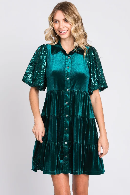 short sleeve backless dress -Forest Green Velvet Tiered Sequin Short Sleeve Dress