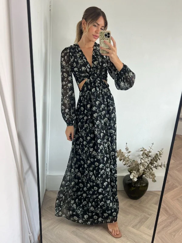 Women's maxi dress soft blush -Tami Cut Out Maxi Dress / Black Floral