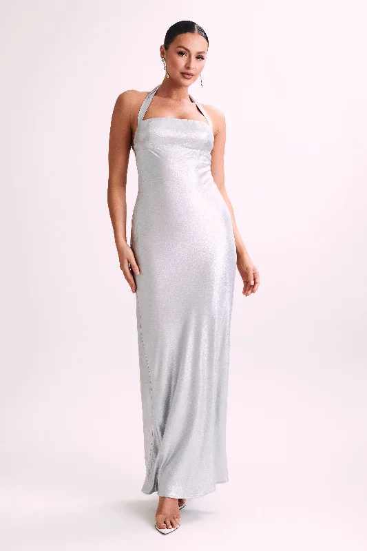 Women's maxi dress brunch grace -Sabra Satin Halter Maxi Dress - Silver