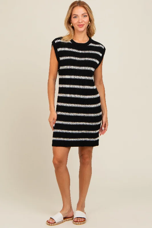 sleeveless mermaid dress -Black Striped Sweater Knit Sleeveless Dress