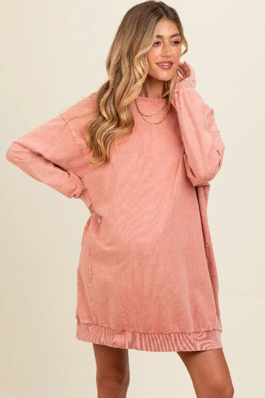 maternity trendy baby shower dress -Salmon Mineral Wash Maternity Sweatshirt Dress