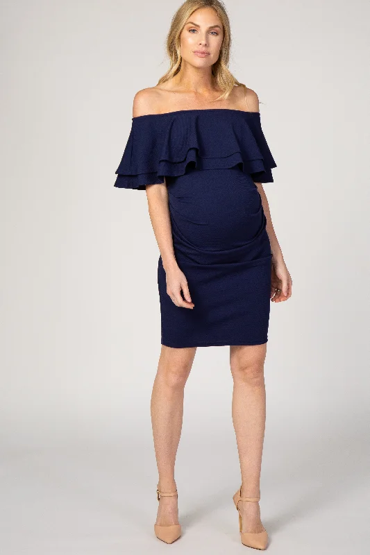 maternity tank dress -Navy Ruffle Off Shoulder Ruched Maternity Dress