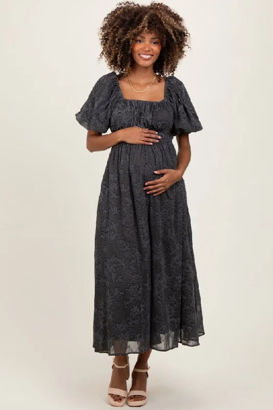 maternity off shoulder dress -Charcoal Floral Square Neck Bubble Sleeve Maternity Mid Dress