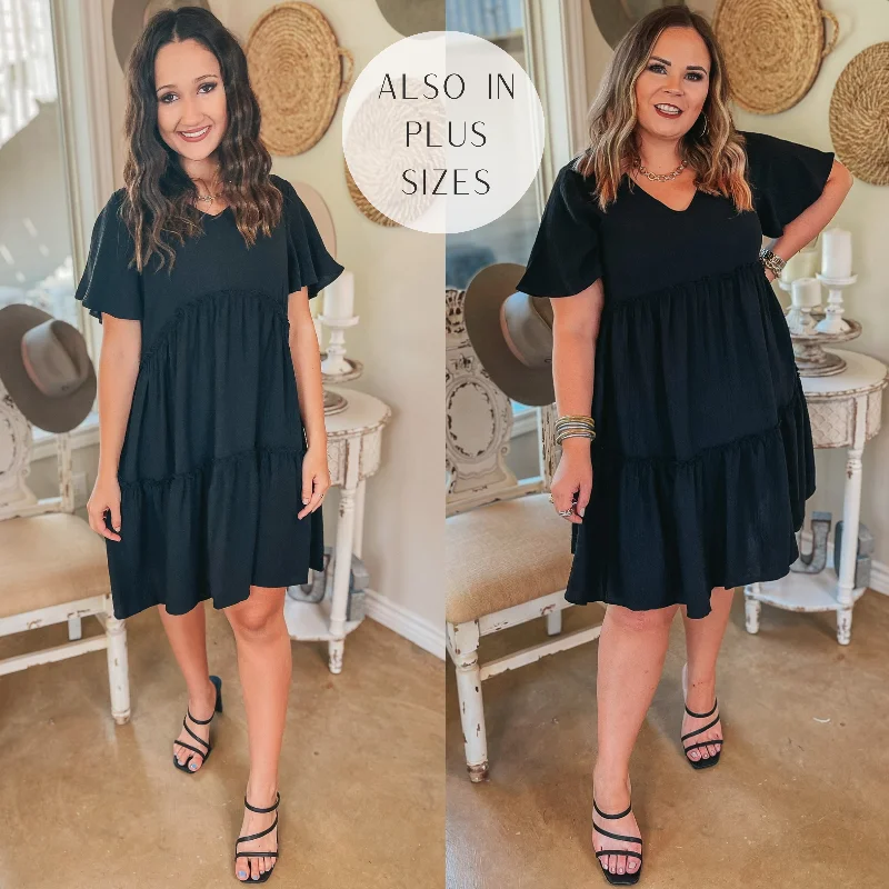 short sleeve weekend dress -Waiting on Wednesday Short Sleeve Tiered Babydoll Dress in Black