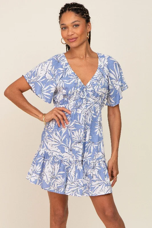 short sleeve mid-length dress -Periwinkle Palm Print Short Sleeve Ruffle Dress