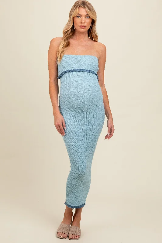 maternity summer dress -Light Blue Contrast Trim Maternity Strapless Knit Dress