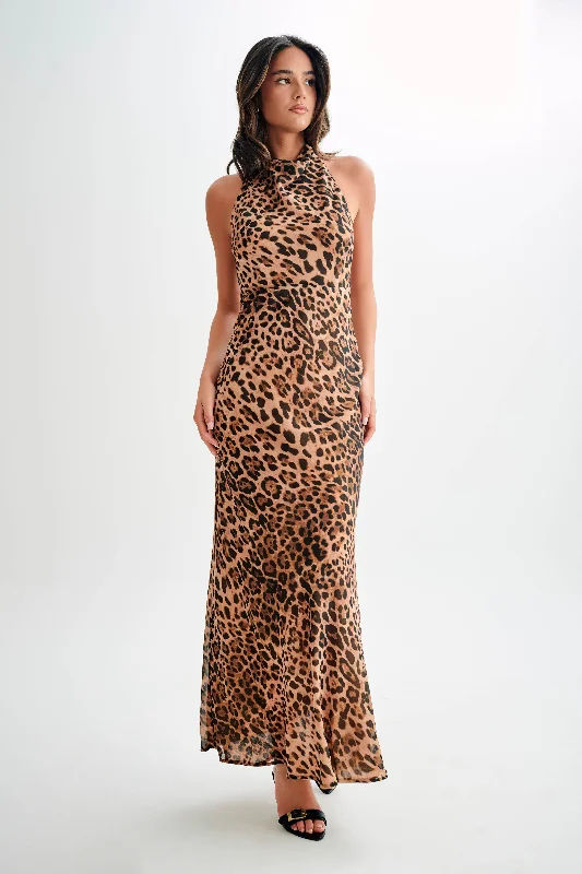 Women's maxi dress neutral beige -Estella Chiffon Cowl Maxi Dress - Leopard Print