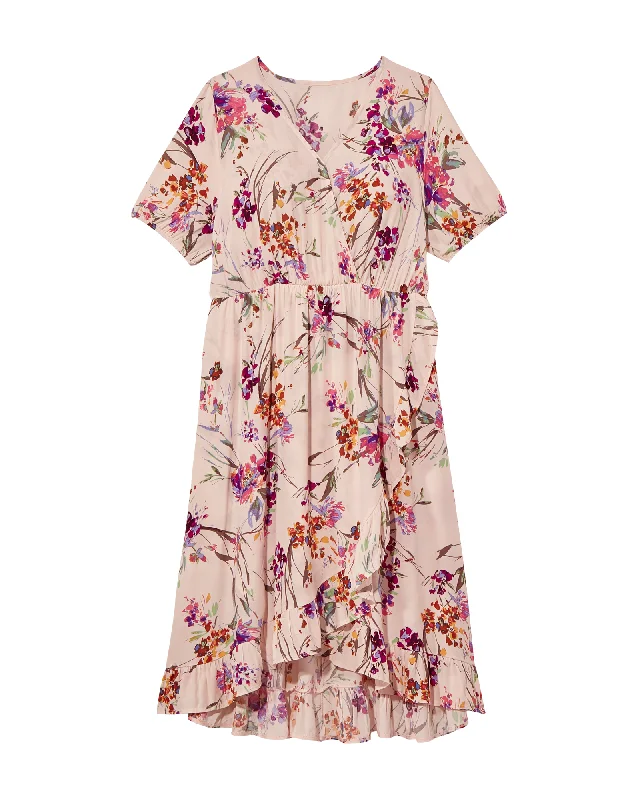 short sleeve t-shirt dress -Henderson Short Sleeve Ruffle Detail Faux Wrap Dress | Pink / Purple