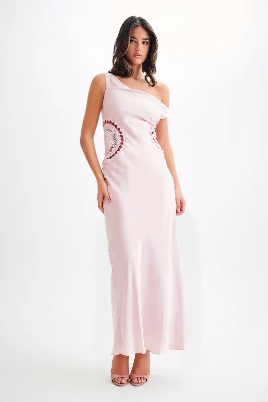 Women's maxi dress relaxed plaid -Kristina Satin Maxi Dress With Crochet - Pale Pink