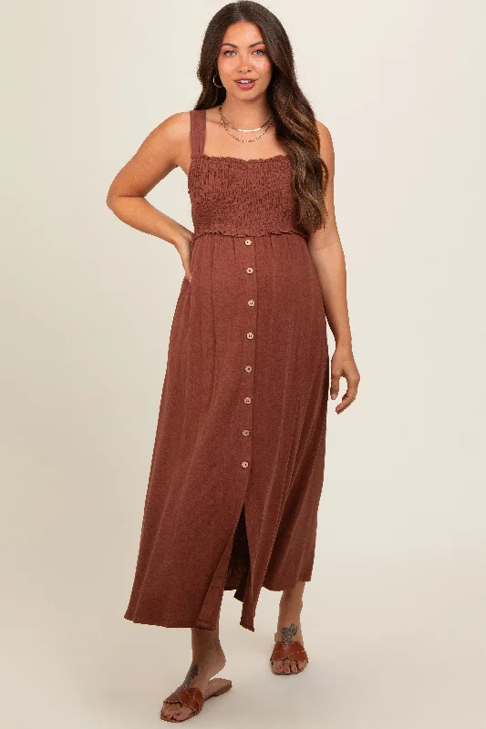 maternity vintage dress -Brown Button Down Smocked Maternity Dress