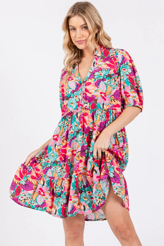 short sleeve delicate dress -Pink Floral Button Short Sleeve Dress