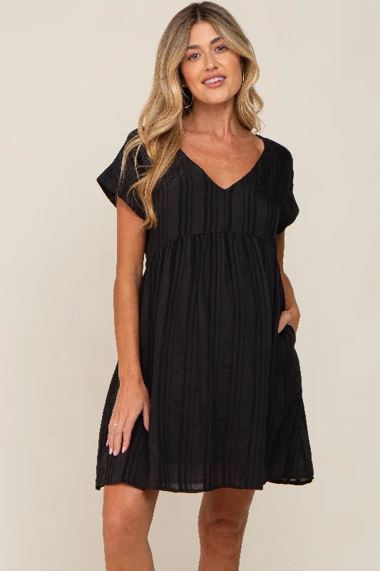 maternity chic workwear maternity dress -Black Striped Pocketed Maternity Dress