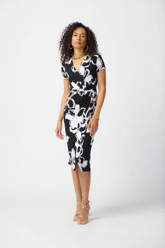 short sleeve pink dress -Joseph Ribkoff Black/Vanilla Floral Print Short Sleeve Faux Wrap Sheath Dress 241050