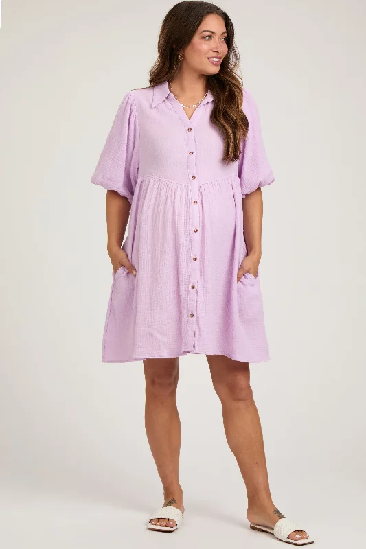 maternity two-tone maternity dress -Lavender Button Down Bubble Sleeve Collared Maternity Dress