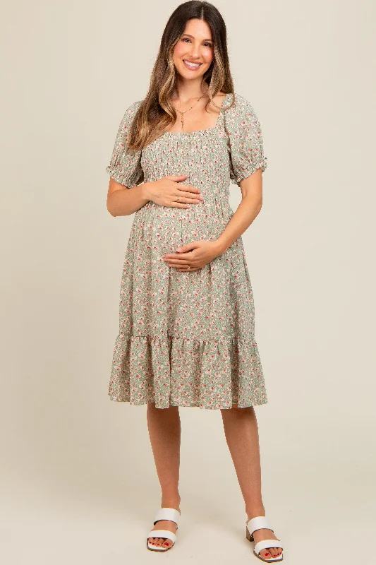 maternity bow detail maternity dress -Light Olive Floral Smocked Maternity Dress