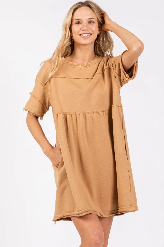 short sleeve lightweight sundress -Camel Raw Hem Short Sleeve Dress