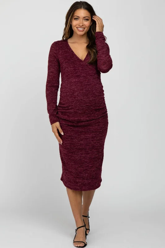 maternity elegant evening dress -Burgundy Heather Wrap Fitted Maternity Dress