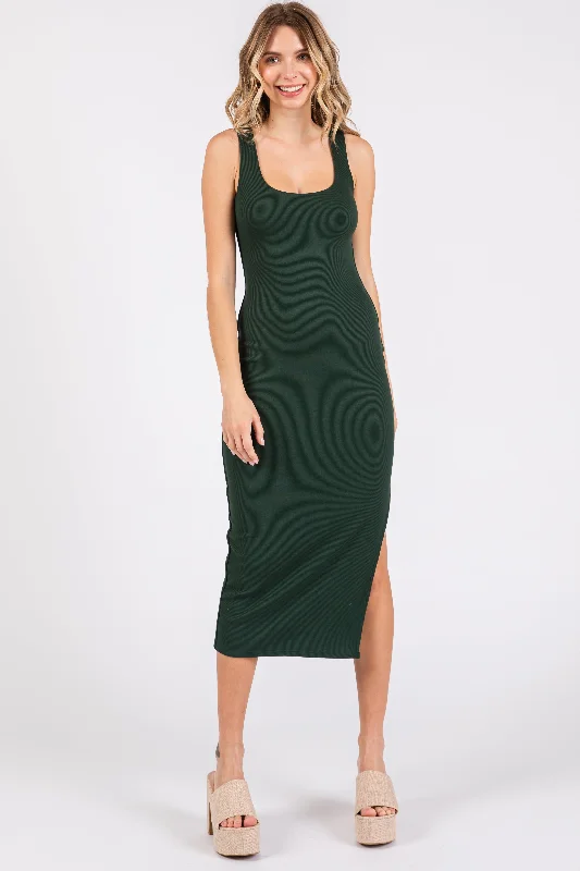 sleeveless abstract print dress -Forest Green Ribbed Knit Sleeveless Side Slit Dress