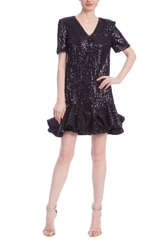 short sleeve open-back dress -Short Sleeve Sequin Shift Dress With Flounce Hem In Black Puffer