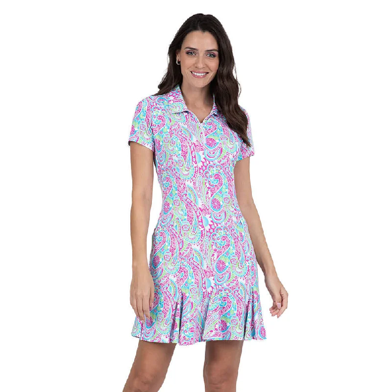 short sleeve square neck dress -IBKUL Women's Gloria Print Short Sleeve Polo Dress - Hot Pink/Turquoise