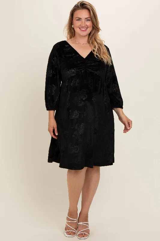 maternity bow detail maternity dress -Black Velvet Floral Ruched Neck Plus Maternity Dress