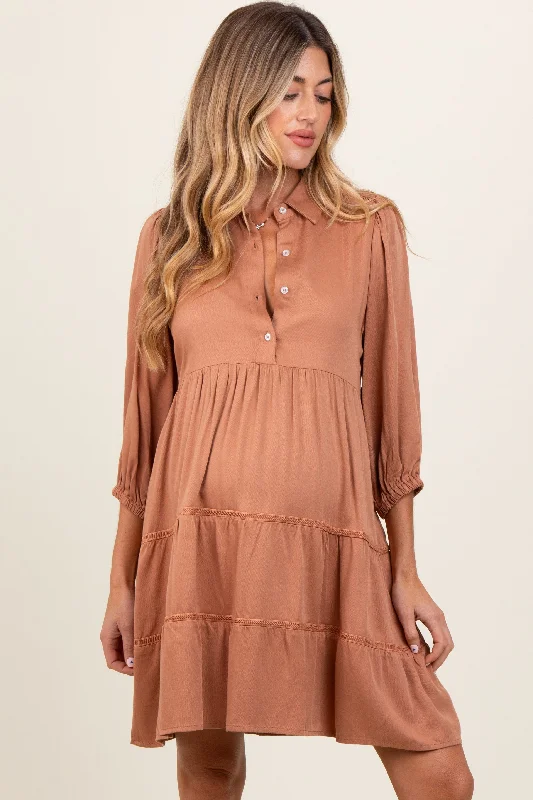 maternity cold shoulder dress -Camel Collared Tiered Maternity Dress