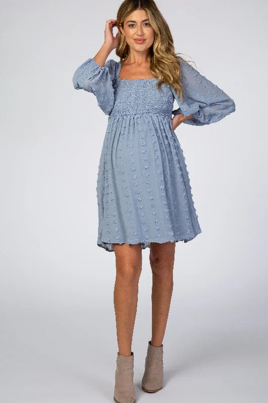 maternity high stretch dress -Light Blue Textured Dot Smocked Square Neck Chiffon Maternity Dress