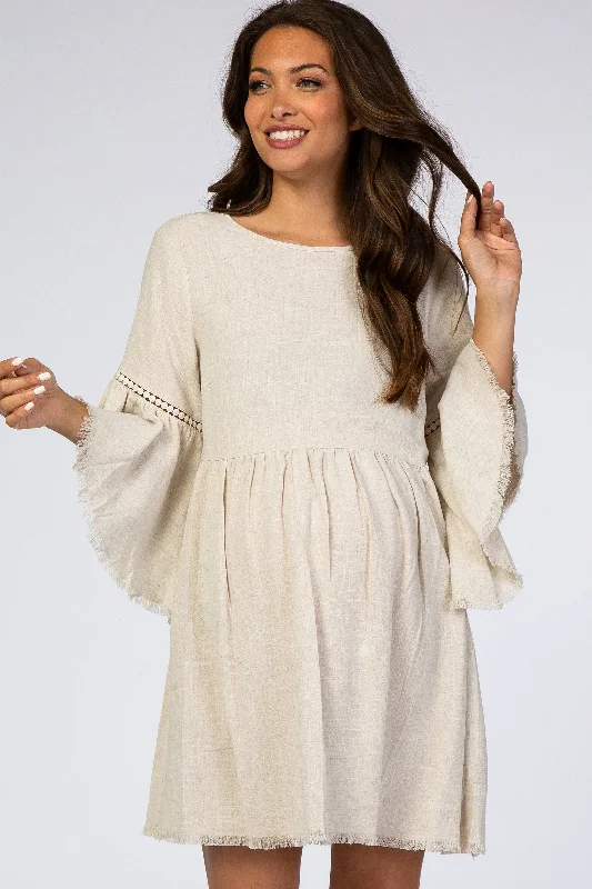 maternity beach dress -Beige Raw Edge Bell Sleeve Babydoll Maternity Dress