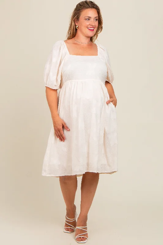 maternity pregnancy safe dress -Cream Textured Floral Square Neck Puff Sleeve Maternity Plus Dress