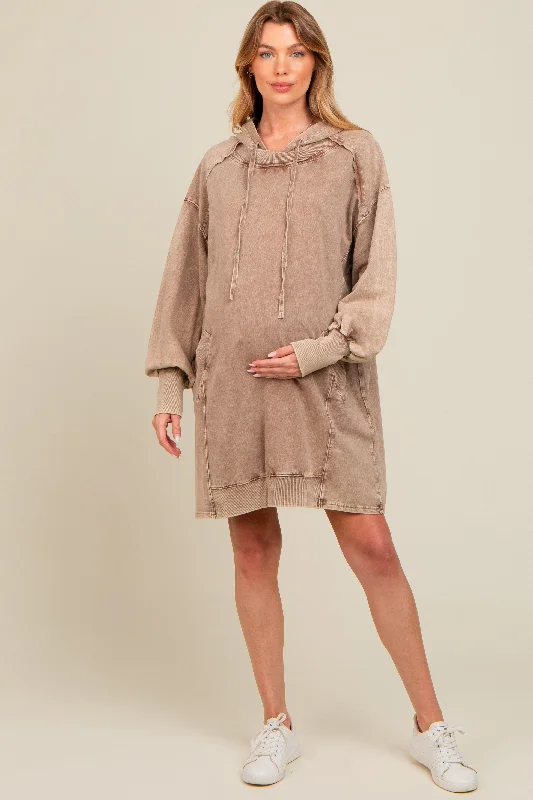 maternity breathable gown -Mocha Mineral Wash Maternity Hoodie Dress