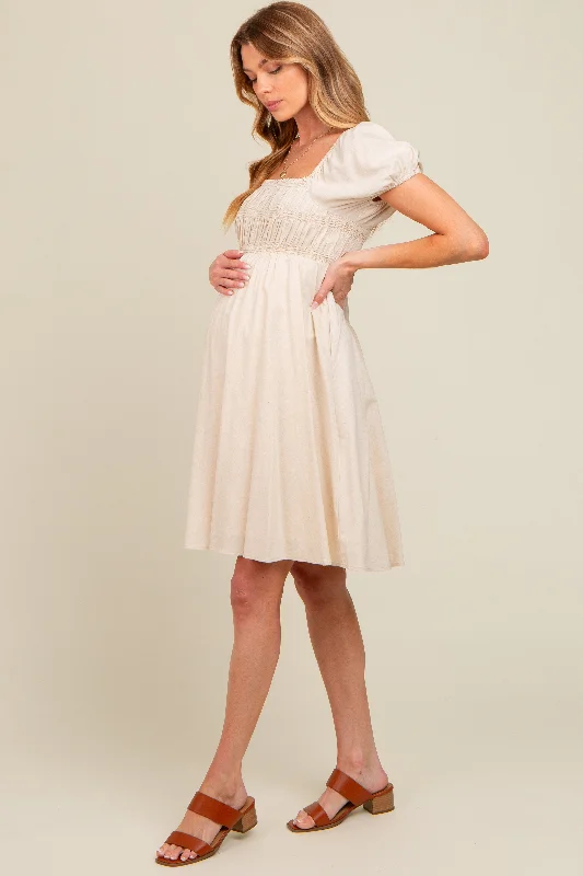 maternity summer maxi dress -Cream Linen Smocked Puff Sleeve Maternity Dress