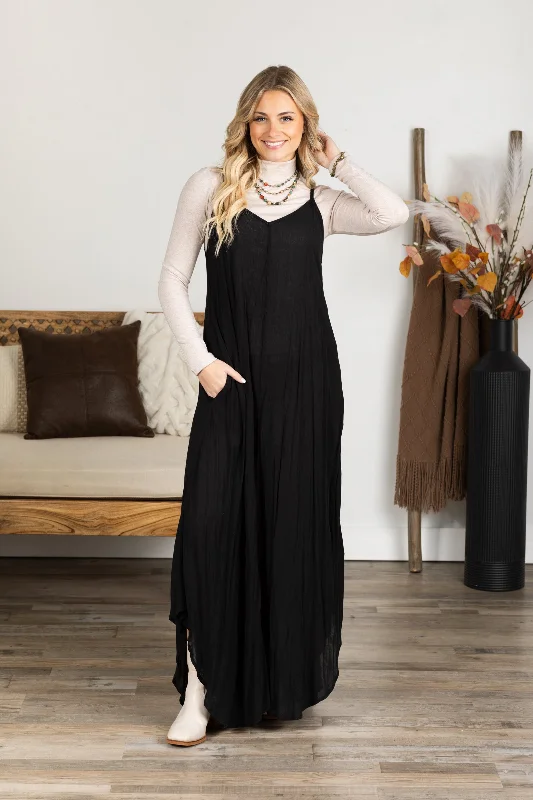 Women's maxi dress casual shimmer -Black Woven Crinkle Maxi Dress